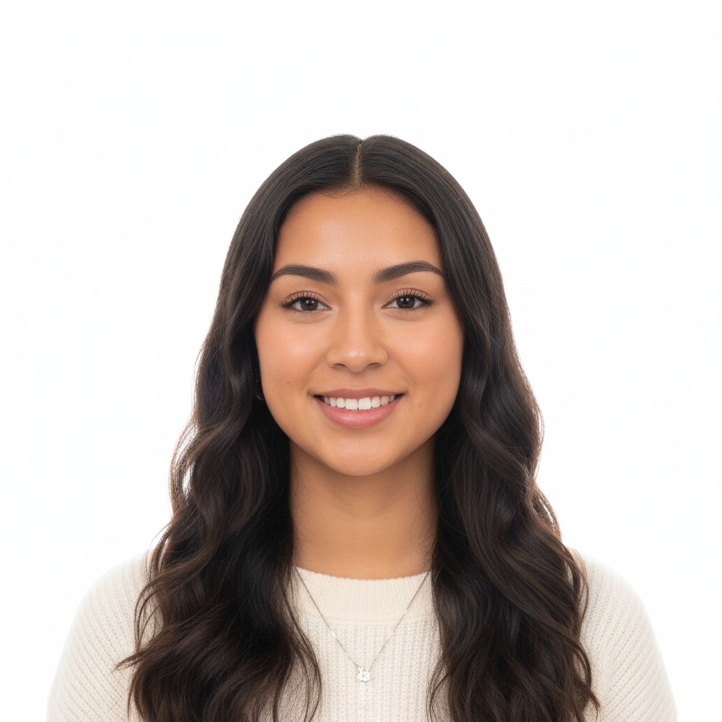 A young woman with long, dark wavy hair smiles at the camera against a white background.